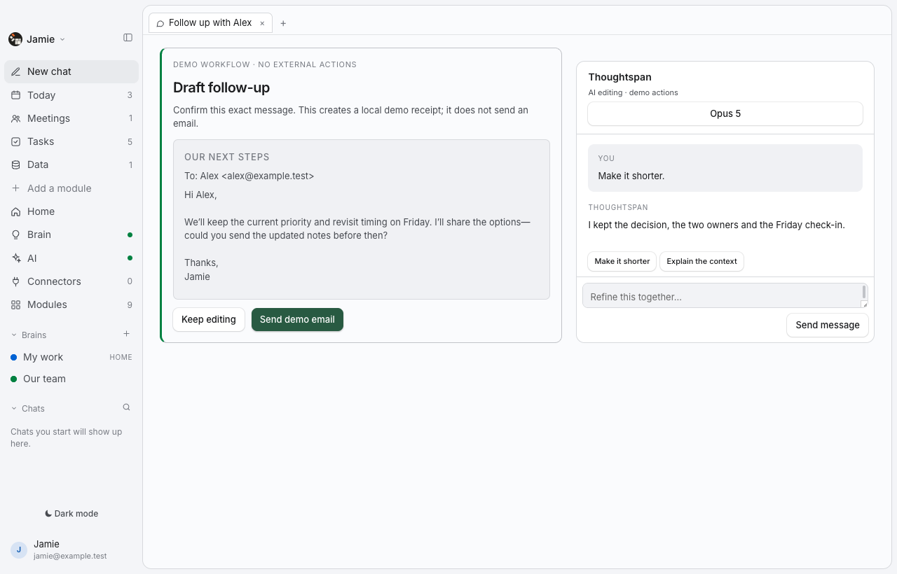 Thoughtspan Desktop — Review email. See the exact message and recipient before anything moves forward. Your judgment stays part of the work.